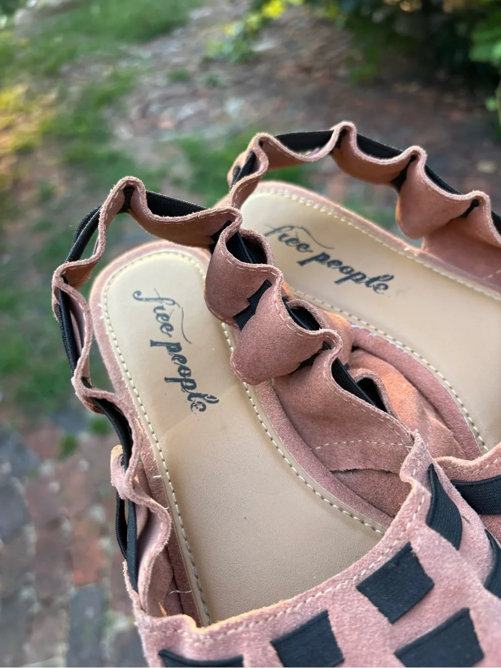 Free People Pink Suede Open-Weave Sandals with Black Straps